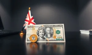 GBP and USD banknotes on a desk with flags in background