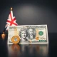 GBP and USD banknotes on a desk with flags in background