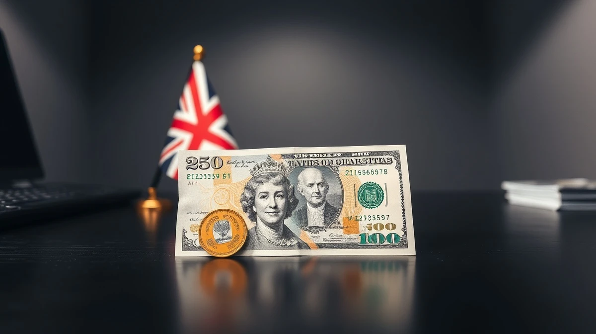 GBP and USD banknotes on a desk with flags in background