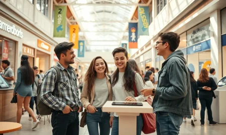 Gen Z shoppers socializing at a bright, modern mall with interactive retail displays