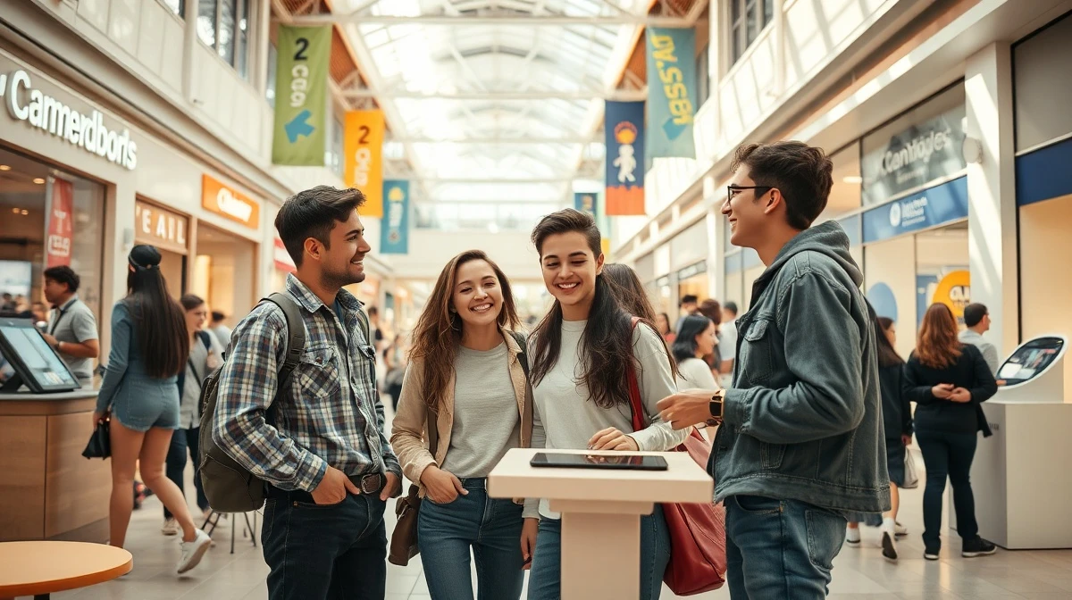 Gen Z shoppers socializing at a bright, modern mall with interactive retail displays