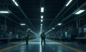 Idle factory floor in Germany with workers near inactive machinery, reflecting industrial recession.