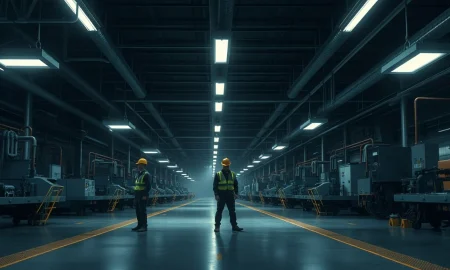 Idle factory floor in Germany with workers near inactive machinery, reflecting industrial recession.