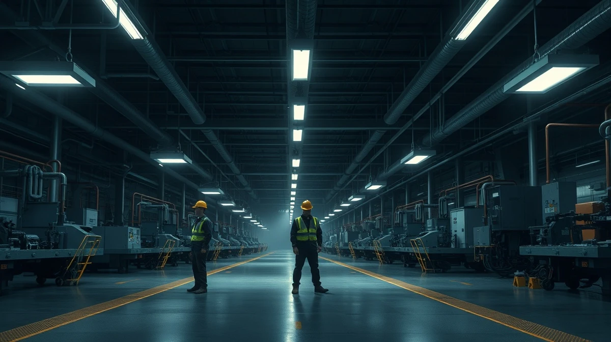 Idle factory floor in Germany with workers near inactive machinery, reflecting industrial recession.