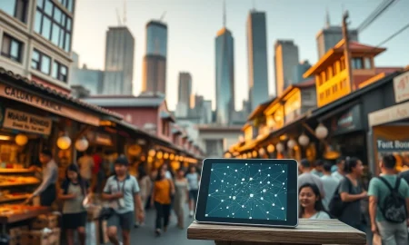 Local market stall with blockchain tablet, city skyline in background, illustrating glocal crypto adoption