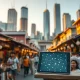 Local market stall with blockchain tablet, city skyline in background, illustrating glocal crypto adoption