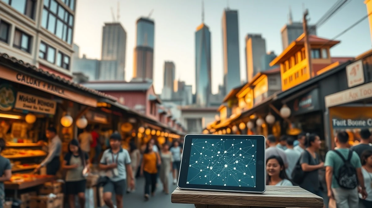 Local market stall with blockchain tablet, city skyline in background, illustrating glocal crypto adoption