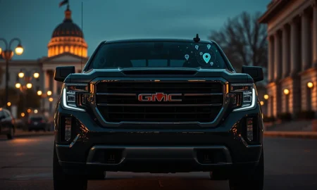 General Motors vehicle in urban setting with digital data overlay representing connected car privacy concerns