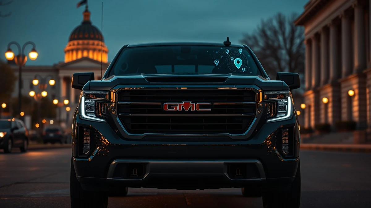 General Motors vehicle in urban setting with digital data overlay representing connected car privacy concerns