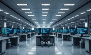 Empty office floor at GM with AI-related code on computer screens, symbolizing workforce restructuring.