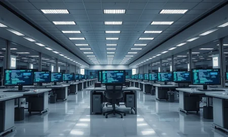 Empty office floor at GM with AI-related code on computer screens, symbolizing workforce restructuring.