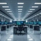 Empty office floor at GM with AI-related code on computer screens, symbolizing workforce restructuring.