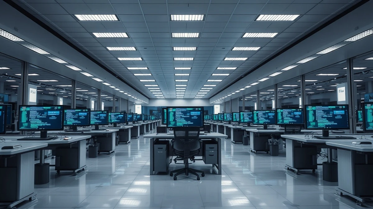 Empty office floor at GM with AI-related code on computer screens, symbolizing workforce restructuring.