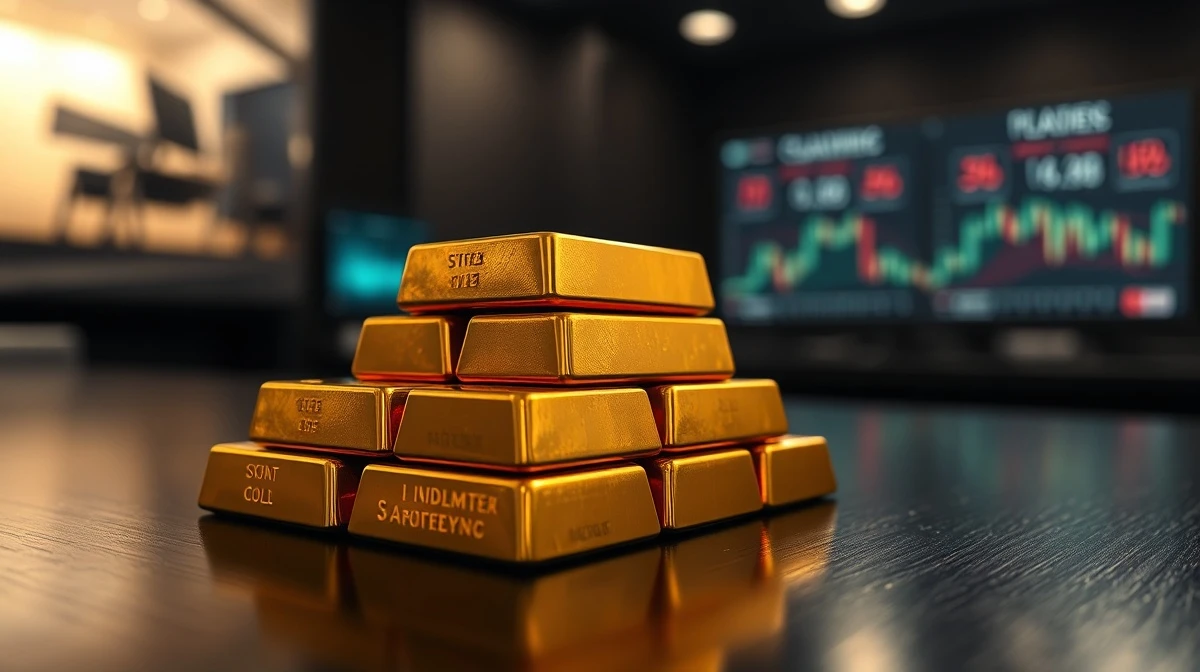 Stack of gold bars on a dark surface with soft lighting, representing gold price stability amid inflation and geopolitical events.