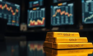 Close-up of gold bullion bars on a reflective surface in a dimly lit trading room setting.
