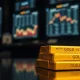 Close-up of gold bullion bars on a reflective surface in a dimly lit trading room setting.