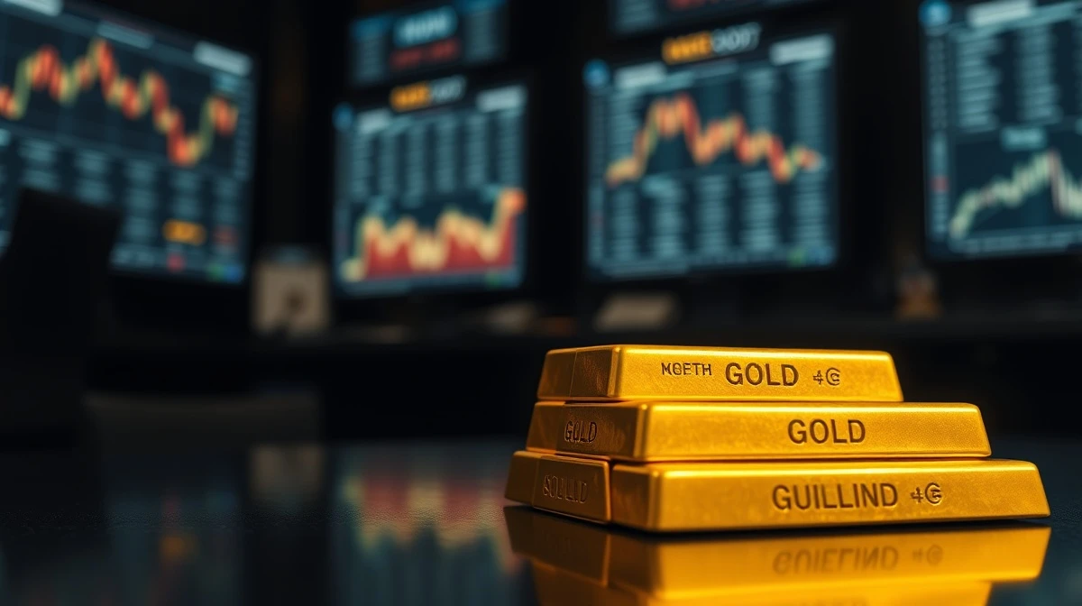 Close-up of gold bullion bars on a reflective surface in a dimly lit trading room setting.