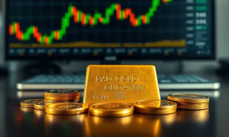 Gold bar and coins on a desk with a financial chart in the background, representing precious metals market analysis.
