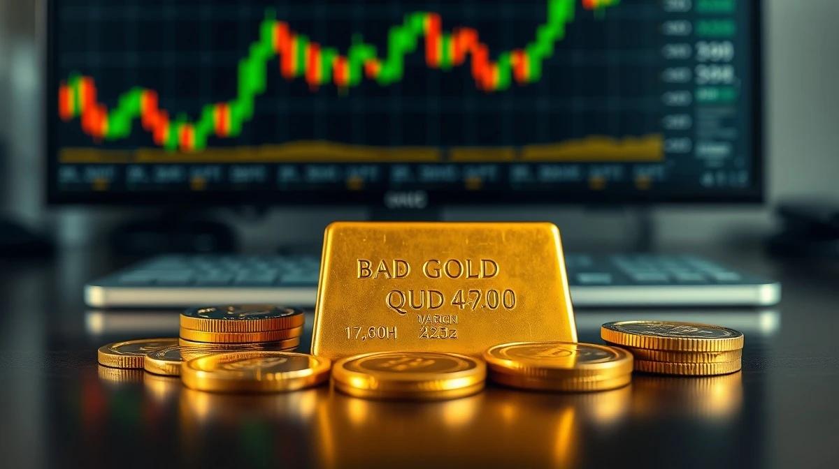 Gold bar and coins on a desk with a financial chart in the background, representing precious metals market analysis.