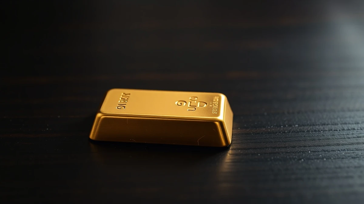 Gold bar on dark wooden surface with soft lighting, representing flat gold prices near $4,700.
