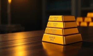 Stack of gold bullion bars on a dark surface with soft lighting