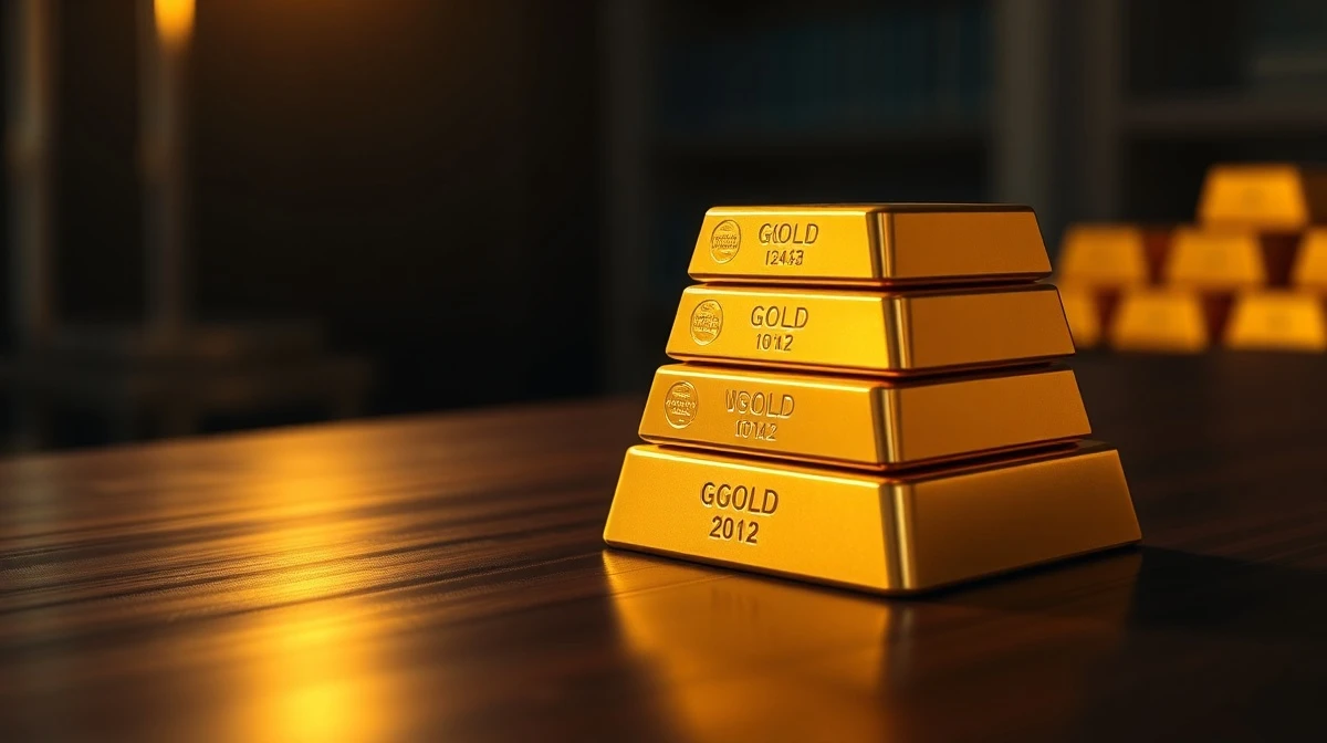 Stack of gold bullion bars on a dark surface with soft lighting