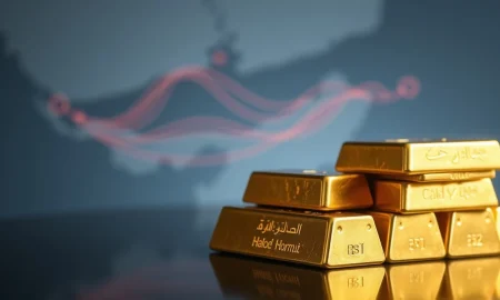 Stacked gold bars with blurred map of Strait of Hormuz in background, representing safe-haven demand amid geopolitical tensions.