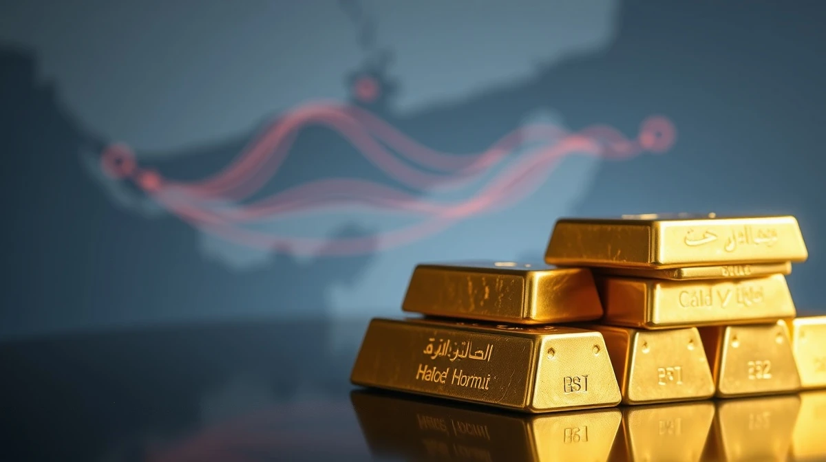 Stacked gold bars with blurred map of Strait of Hormuz in background, representing safe-haven demand amid geopolitical tensions.