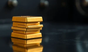 Gold bars and coins on a dark reflective surface representing safe-haven demand amid market uncertainty.