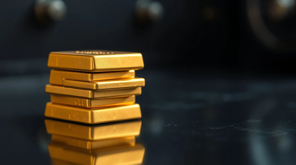 Gold bars and coins on a dark reflective surface representing safe-haven demand amid market uncertainty.