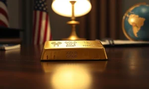 Gold bar on dark wooden surface with American flag and globe in background, representing geopolitical influence on precious metals.