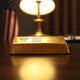 Gold bar on dark wooden surface with American flag and globe in background, representing geopolitical influence on precious metals.