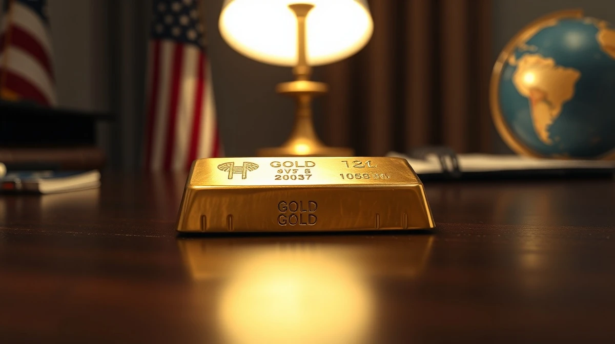 Gold bar on dark wooden surface with American flag and globe in background, representing geopolitical influence on precious metals.