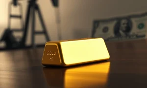Gold bar with out-of-focus oil pumpjack and US dollar in background
