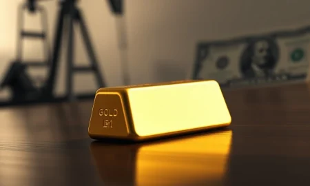 Gold bar with out-of-focus oil pumpjack and US dollar in background