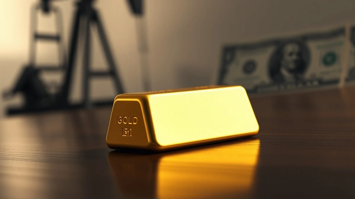 Gold bar with out-of-focus oil pumpjack and US dollar in background