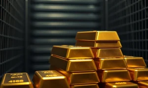 Close-up of stacked gold bars in a vault with one bar separated, representing market pullback and potential breakout.