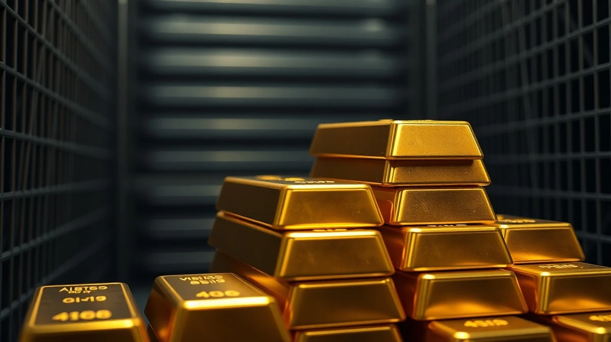 Close-up of stacked gold bars in a vault with one bar separated, representing market pullback and potential breakout.