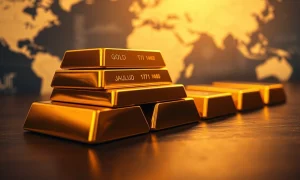 Stacked gold bars on a table with a financial chart background