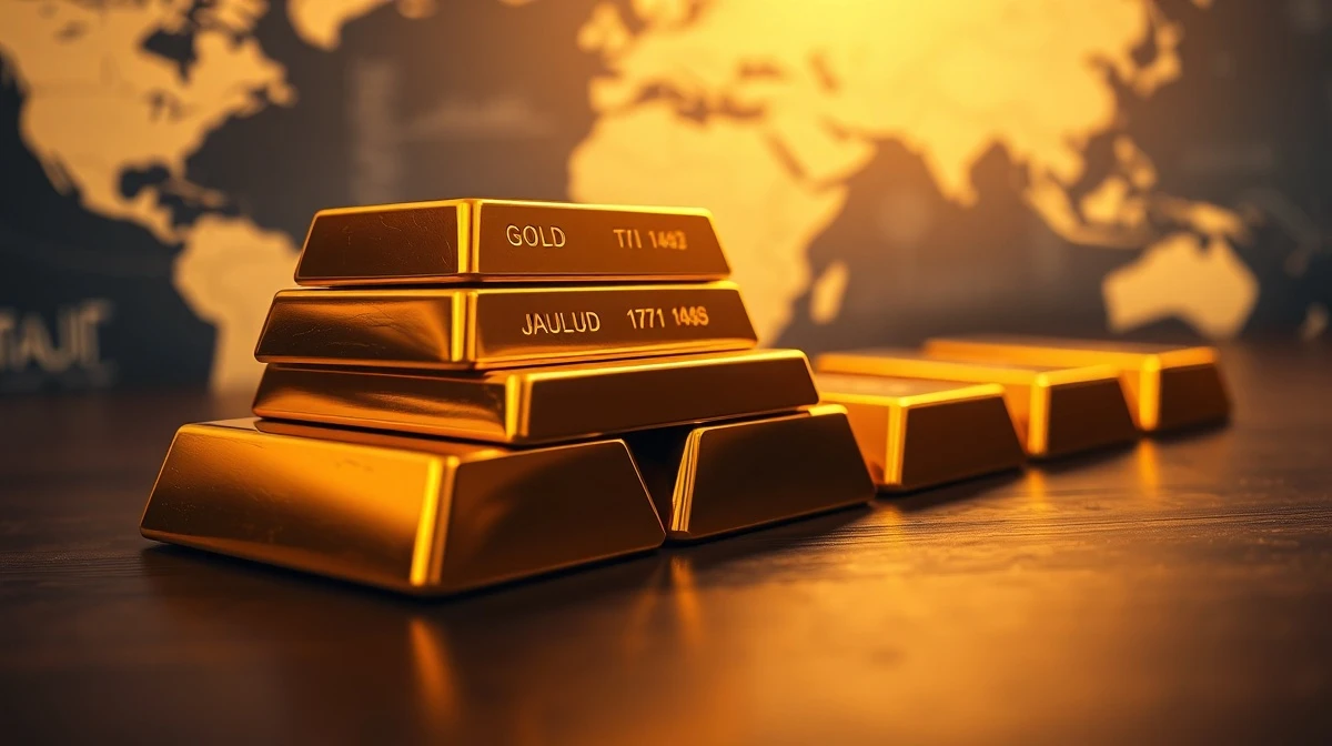 Stacked gold bars on a table with a financial chart background