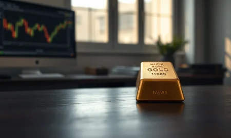Gold bar on wooden desk with blurred financial chart in background