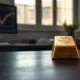 Gold bar on wooden desk with blurred financial chart in background
