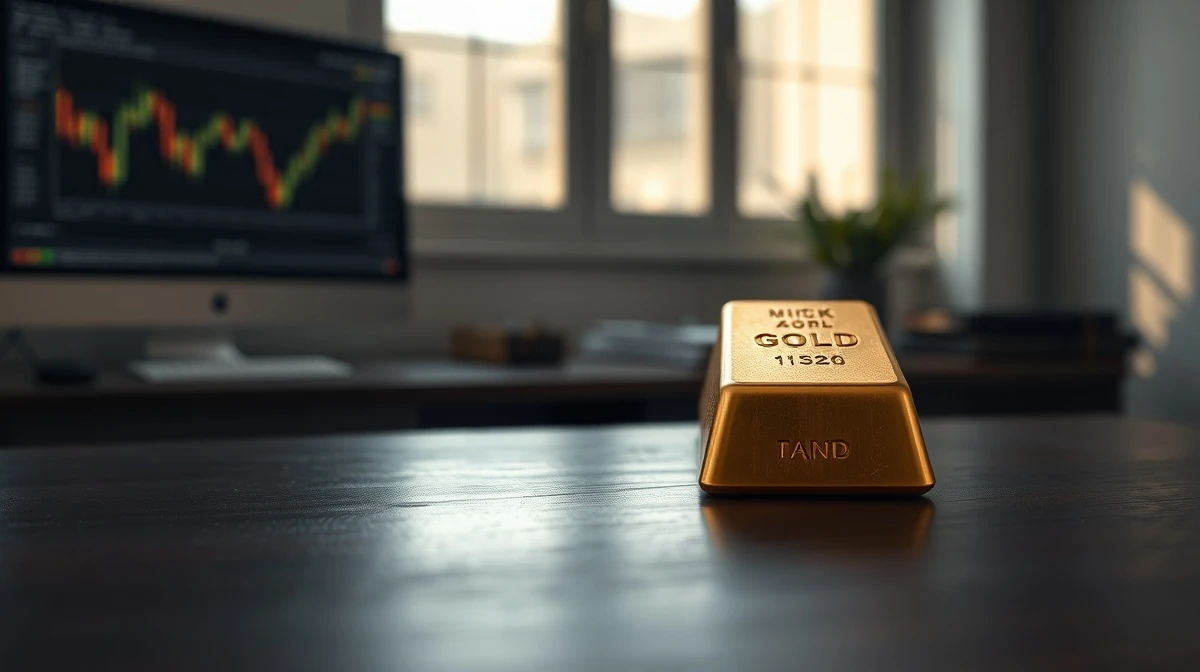 Gold bar on wooden desk with blurred financial chart in background