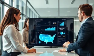 Fintech team reviewing loan growth data and US expansion map in modern London office