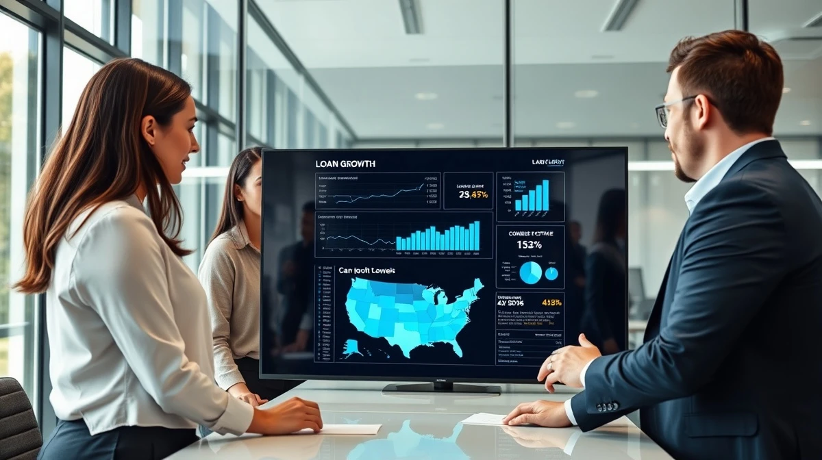 Fintech team reviewing loan growth data and US expansion map in modern London office