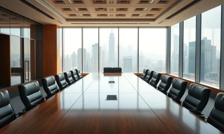 Empty boardroom with many chairs at Goldman Sachs headquarters in New York City