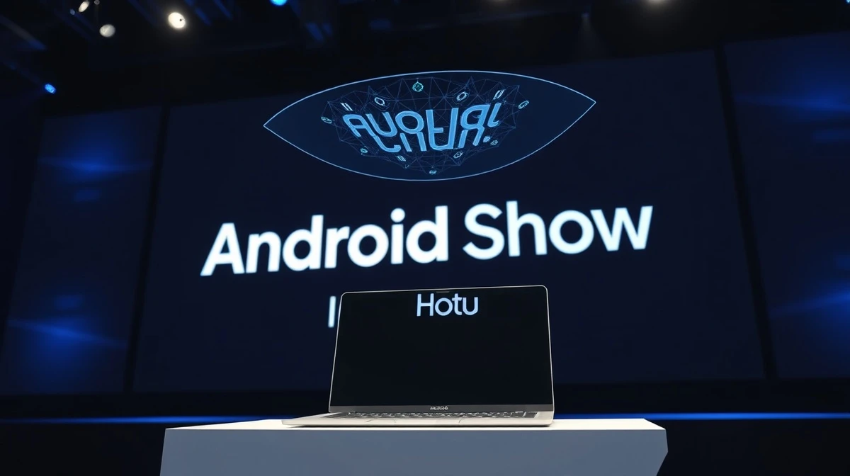 Google Android Show stage with Googlebook laptop and Gemini AI interface