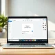 Laptop screen showing Google Pics AI design interface with editable invitation template