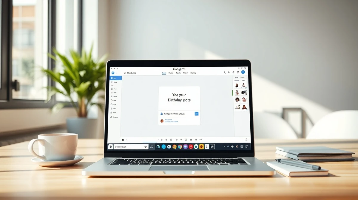 Laptop screen showing Google Pics AI design interface with editable invitation template