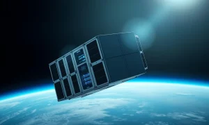 A photorealistic orbital data center module in space with solar panels and Earth in the background.